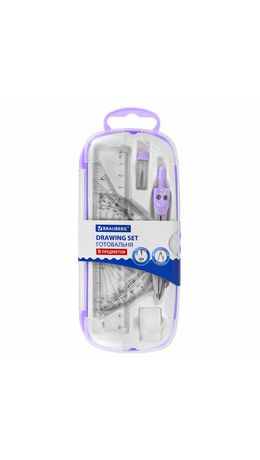 Готовальня BRAUBERG SCHOOL KIT, 8 предметов, циркуль 115 мм, чертежные принадлежности, лавандовый цвет, 210703