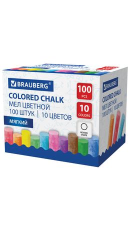 Мел цветной круглый мягкий 100 штук, 10 цветов, BRAUBERG, картонная упаковка, 272769