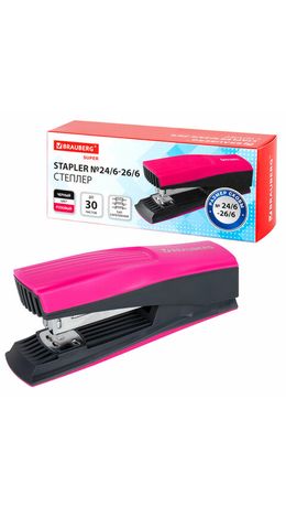 Степлер №24/6, 26/6 BRAUBERG "SUPER", до 30 листов, маджента и черный, 272740