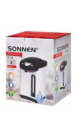 Термопот SONNEN TP-38, 4 л, 900 Вт, 1 температурный режим, 3 режима подачи воды, сталь, черный/серебро, 456710