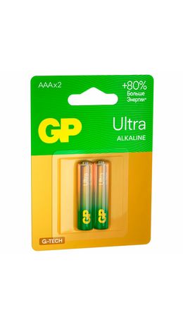Батарейки КОМПЛЕКТ 2 шт., GP Ultra G-Tech, AAA (LR03, 24А), алкалиновые, мизинчиковые, 24AUA21-2CRSBC2