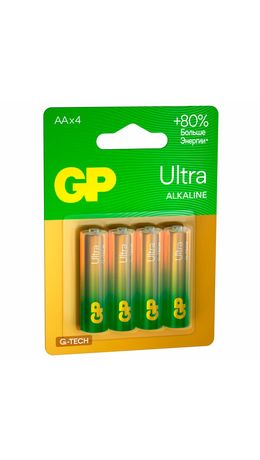 Батарейки КОМПЛЕКТ 4 шт., GP Ultra G-Tech, AA (LR6, 15А), алкалиновые, пальчиковые, 15AUA21-2CRSBC4