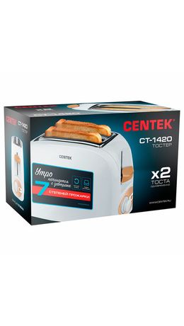 Тостер CENTEK CT-1420, 750 Вт, 2 тоста, 7 режимов, пластик, белый