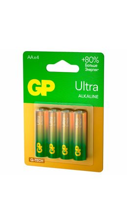 Батарейки КОМПЛЕКТ 4 шт., GP Ultra G-Tech, AA (LR6, 15А), алкалиновые, пальчиковые, 15AUA21-2CRSBC4