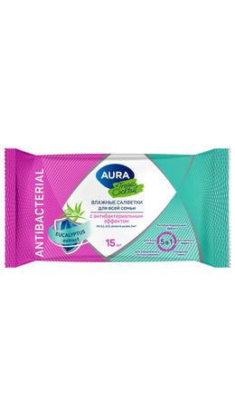Салфетки влажные 15 шт., AURA Tropic Cocktail, c антибактериальным эффектом, 10388