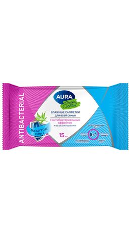 Салфетки влажные 15 шт., AURA Tropic Cocktail, c антибактериальным эффектом, 10388