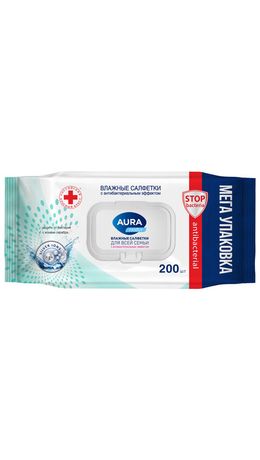 Салфетки влажные 200 шт., AURA Family, антибактериальные, для всей семьи, крышка клапан, 10394