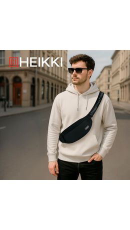 Сумка на пояс HEIKKI RIO (ХЕЙКИ), два отделения, регулируемый ремень, черная с белым, 38х12х8 см, 272617