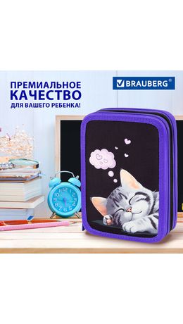 Пенал BRAUBERG, 3 отделения, полиэстер, 21х14 см, "Sleeping kitten", 273538