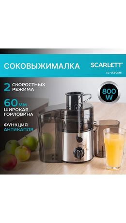Соковыжималка SCARLETT SC-JE50S18, 800 Вт, стакан 0,6 л, емкость для жмыха 1 л, пластик, сталь/черный