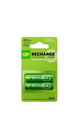 Батарейки аккумуляторные GP ReCharge Ni-Mh пальчиковые КОМПЛЕКТ 2 шт., АА (HR6) 1000 mAh, 100AAHCV, 100AAHCV-2CRSB