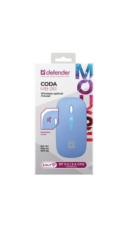 Мышь беспроводная DEFENDER Coda MB-261, 2.4 ГГц + BT, радужная подсветка, 3 кнопки + 1 колесо, 300 мАч, голубая, 52263