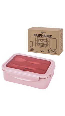 Ланч-бокс контейнер 2 секции, 3+1 отделения, 1,4 л, ложка, вилка, 7х21х14 см, розовый, JOYLUX, 609348