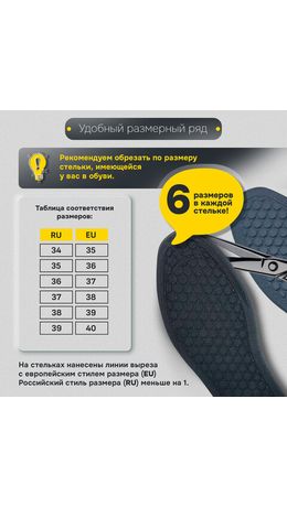 Стельки для обуви с МАССАЖНЫМ ЭФФЕТОМ, материал HI-POLY, размер RU 34-39 / EU 35-40, с линиями выреза, SHEGRA (ШЕГРА), 700754