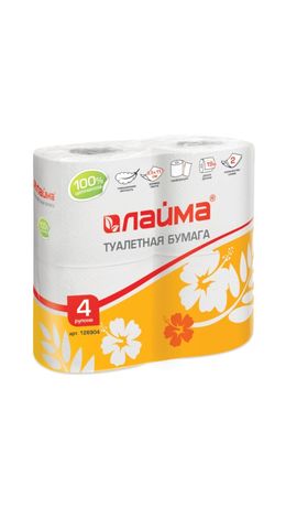 Бумага туалетная бытовая, спайка 4 шт., 2-х слойная (4х19 м), ЛАЙМА, белая, 126904
