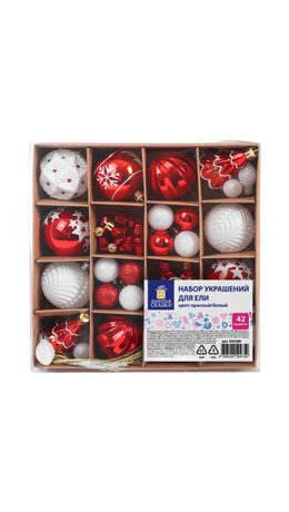 Шары елочные НАБОР 42 предмета "Red and White Shine", пластик, красный/белый, ЗОЛОТАЯ СКАЗКА, 592589