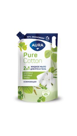 Мыло жидкое 2в1 для рук и тела 850 мл AURA Pure Cotton "Хлопок и луговые травы", дой-пак, 12833