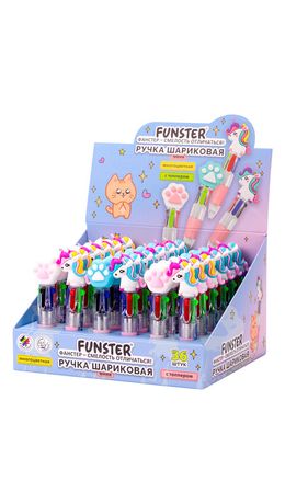 Ручка мини многоцветная с топпером шариковая автоматическая 4 ЦВЕТА FUNSTER (ФАНСТЕР) "MIX", ассорти, узел 0,7 мм, письма 0,35, 144378