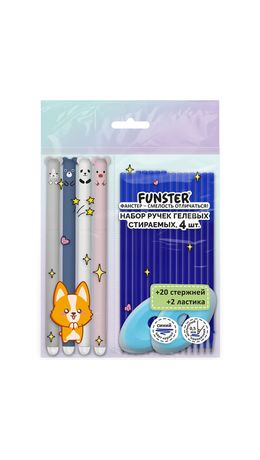 Ручки гелевые стираемые FUNSTER (ФАНСТЕР) "CUTE ANIMALS", СИНИЕ, НАБОР 4 ШТ., 20 стержней, 2 ластика, узел 0,5 мм, линия 0,35 мм, 144436