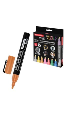 Маркеры меловые CHALK LIQUID MARKER, МЕТАЛЛИК, НАБОР 8 ЦВЕТОВ, 3 мм, стираемые, BRAUBERG "CHALK", 152599