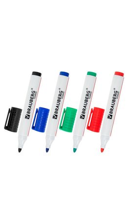 Маркеры стираемые для белой доски, НАБОР 4 ЦВЕТА, BRAUBERG "ULTRA WHITEBOARD MARKER", 3 мм, 152635