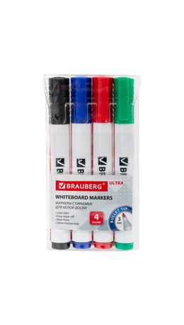 Маркеры стираемые для белой доски, НАБОР 4 ЦВЕТА, BRAUBERG "ULTRA WHITEBOARD MARKER", 3 мм, 152635