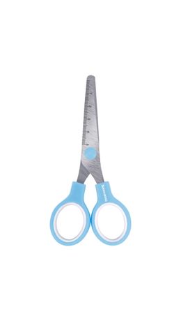 Ножницы BRAUBERG KIDS 130 мм, ручки небесно-голубые, закругленные лезвия с линейкой, 274060