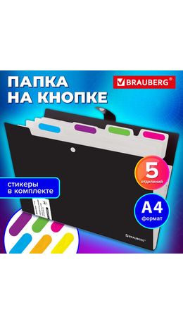 Папка-органайзер на кнопке 5 отделений, BRAUBERG "Extra", А4, черная с белым, 274094