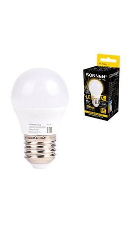 Лампа светодиодная SONNEN EXTRA, 7 (60) Вт, E27, шар, теплый белый, 30000 ч, LED G45-7W-2700-Е27, 457911