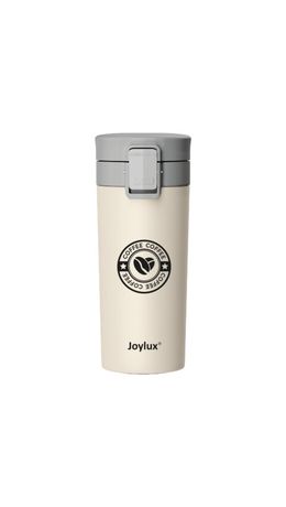 Термокружка 380 мл JOYLUX (ДЖОЙЛЮКС) CLASSIC COFFEE, нержавеющая сталь SUS304, бежевый с принтом, 700273