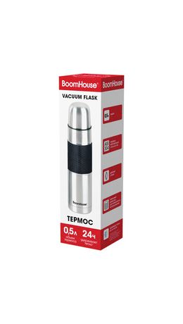 Термос 0,5 л, BOOMHOUSE (БУМХАУС) CLASSIC, нержавеющая сталь SUS304, черный силиконовый рукав, крышка/кружка, 700307