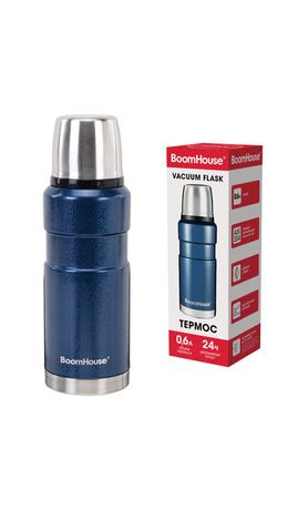 Термос 0,6 л, BOOMHOUSE (БУМХАУС) DARKBLUE, нержавеющая сталь SUS304, молотковая эмаль, крышка/кружка, синий, 700309