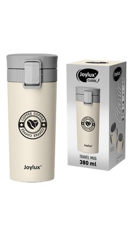 Термокружка 380 мл JOYLUX (ДЖОЙЛЮКС) CLASSIC COFFEE, нержавеющая сталь SUS304, бежевый с принтом, 700273