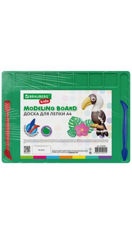 Доска для лепки А4, 280х200 мм, BRAUBERG KIDS, зеленая, 7 отделений для пластилина, 2 стека, 274258