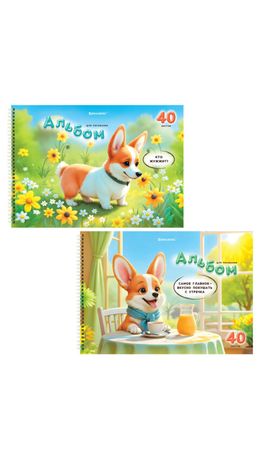 Альбомы д/рис. ДЭК, А4, 40 л., КОМПЛЕКТ 2 шт., гребень, глянцевый лак, BRAUBERG, 200х290 мм, "Корги", 107739