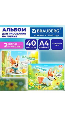 Альбомы д/рис. ДЭК, А4, 40 л., КОМПЛЕКТ 2 шт., гребень, глянцевый лак, BRAUBERG, 200х290 мм, "Корги", 107739