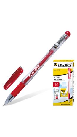 Ручка гелевая BRAUBERG "Geller", игольчатый узел 0,5 мм, линия 0,35 мм, резиновый упор, красная, 141181
