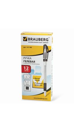 Ручка гелевая BRAUBERG "Geller", игольчатый узел 0,5 мм, линия 0,35 мм, резиновый упор, черная, 141180