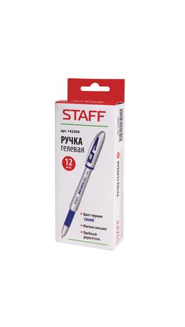 Ручка гелевая STAFF, корпус белый, игольчатый узел 0,5 мм, линия 0,35 мм, резиновый упор, синяя, 142394