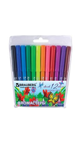 Фломастеры BRAUBERG "Wonderful butterfly", 12 цветов, вентилируемый колпачок, пласт. упаковка, увеличенный срок службы, 150522