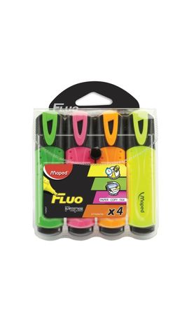 Текстмаркеры MAPED (Франция), набор 4 шт., "Fluo Pep's Classic", скошенный наконечник 1-5 мм (желтый, розовый, оранжевый, зеленый), 742547