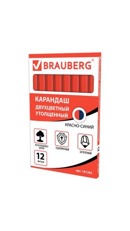 Карандаш двухцветный, красно-синий, утолщённый, BRAUBERG, заточенный, грифель 4,0 мм, 181262