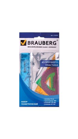 Набор чертежный малый BRAUBERG "Crystal" (линейка 15 см, 2 угольника, транспортир), цветной, 210295
