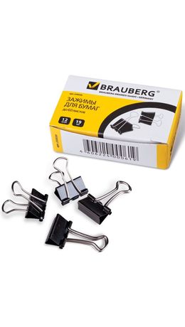 Зажимы для бумаг BRAUBERG, комплект 12 шт., 19 мм, на 60 л., черные, в картонной коробке, 220559