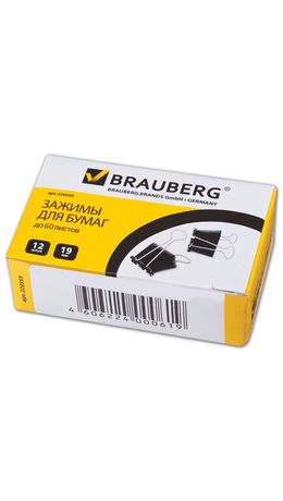 Зажимы для бумаг BRAUBERG, комплект 12 шт., 19 мм, на 60 л., черные, в картонной коробке, 220559
