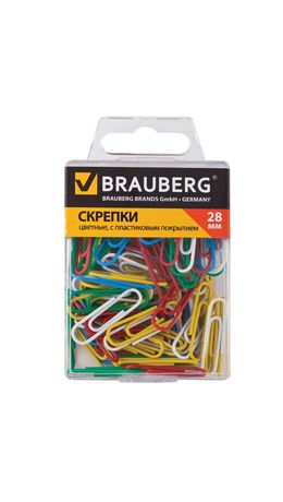 Скрепки BRAUBERG, 28 мм, цветные, 100 шт., в пластиковой коробке, 221111
