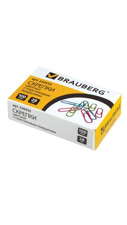 Скрепки BRAUBERG, 28 мм, цветные, 100 шт., в картонной коробке, Россия, 220555