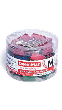 Зажимы для бумаг ОФИСМАГ, комплект 48 шт., 25 мм, на 100 л., цветные, в пластиковом цилиндре, 222091