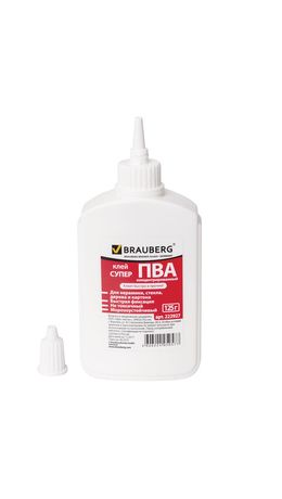 Клей ПВА-СУПЕР BRAUBERG (керамика, ткань, кожа, дерево, бумага, картон), 125 г, 222927