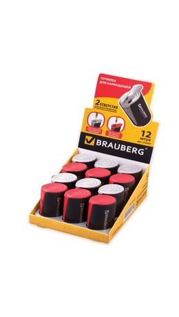 Точилка BRAUBERG "Delta", 2 отверстия для чернографитных и цветных карандашей, ассорти, в дисплее, 223592
